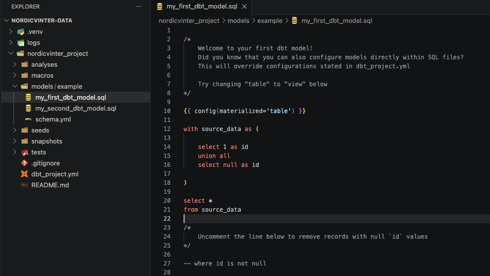 The scaffolded dbt project: the nordicvinter_project folder contains analyses, macros, models, seeds, snapshots, and tests, with dbt’s example model my_first_dbt_model.sql